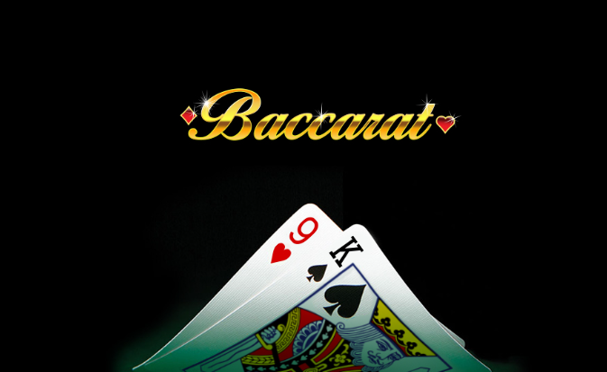 Black background with Baccarat in gold, two cards nine of hearts and king of spade in the middle. 