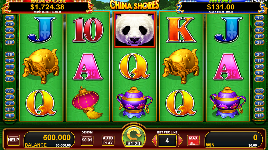 An online slot game with red background, It has 5 x 3 grid with symbols of panda, turtle ,tea.