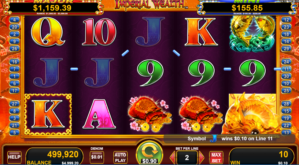 An online slot game with red background, It has 5 x 3 grid with symbols of pot , flowers, number. 