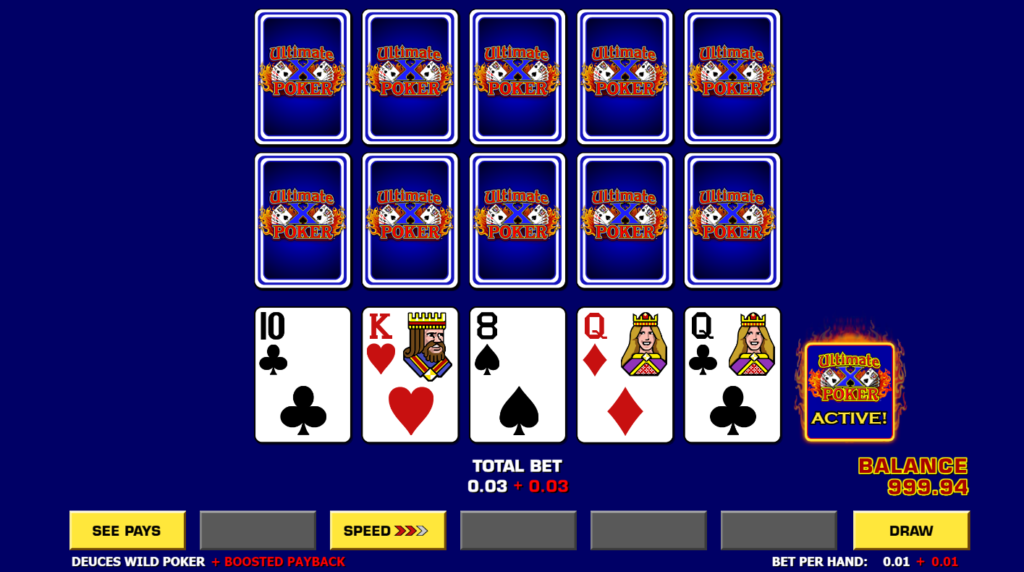 online poker game, the cars 10 of clubs, king of hearts, 8 of spade, queen of diamond and queen of clover are present. 