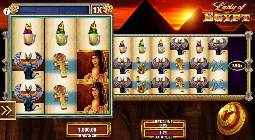 An image of Lady of egypt online slot game, The image has two different grids with symbol of cat, ankh and mummies. 