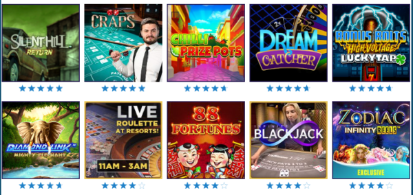 A collage of resport casino slots such as crabs, 88 fortune, dream catcher.
