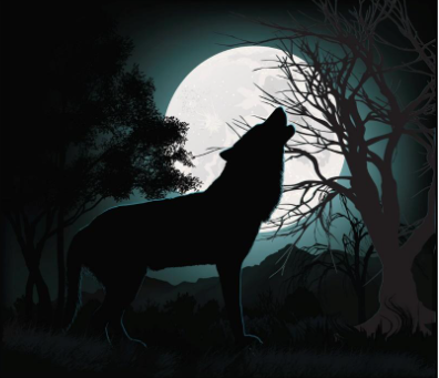 An image of a wolf howling in front of the full moon