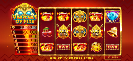 an image of the online slot 9 masks of fire, slot game with symbols of cherry, mask, diamond