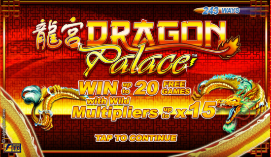 an image of a slot game, Dragon palace, red background with a golden dragon