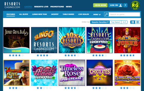 a blue themed online gambling website resorts casino front page which shows the popular slots in grids of 5x2.