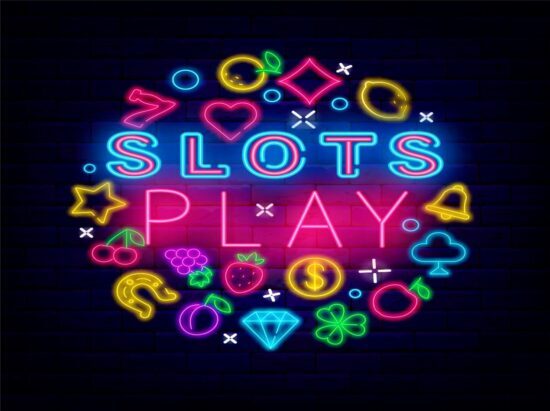 symbols of neon fruits and icons with slots and text in the middle which says "Slots play"